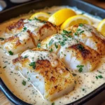 Baked Cod With Creamy Garlic Sauce & Lemon