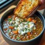 French Lentil Soup With Crispy Bread And Feta