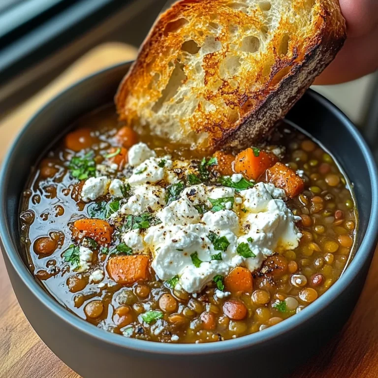 French Lentil Soup With Crispy Bread And Feta