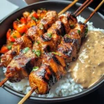 Grilled Chicken Skewers With Coconut Rice & Peanut Sauce