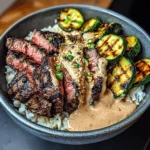 Grilled Steak Bowl With Creamy Sauce & Grilled Zucchini