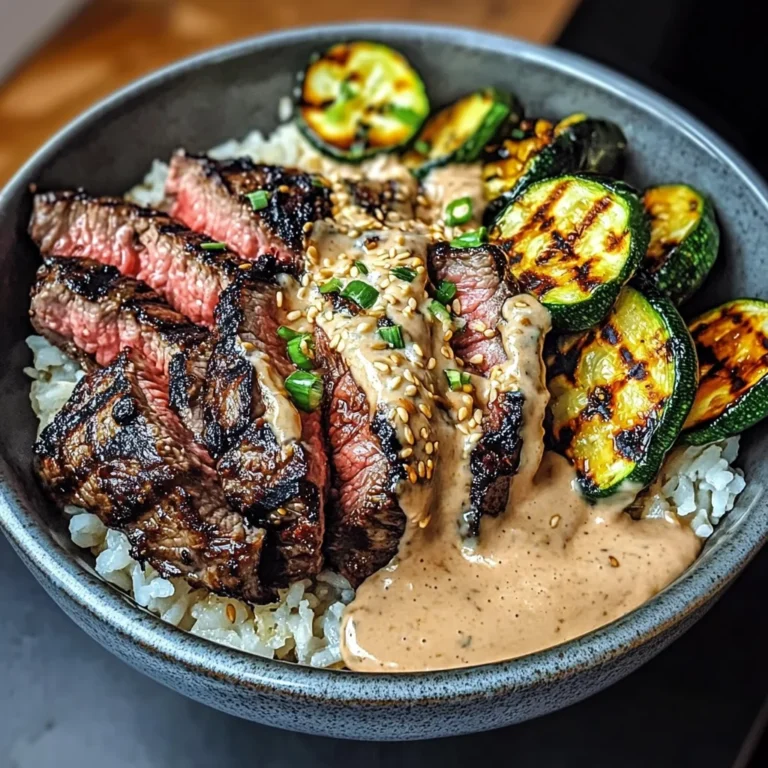 Grilled Steak Bowl With Creamy Sauce & Grilled Zucchini