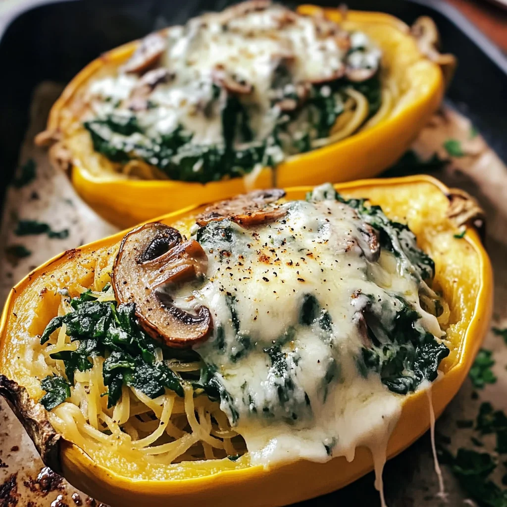 Creamy Spinach and Mushroom Stuffed Spaghetti Squash